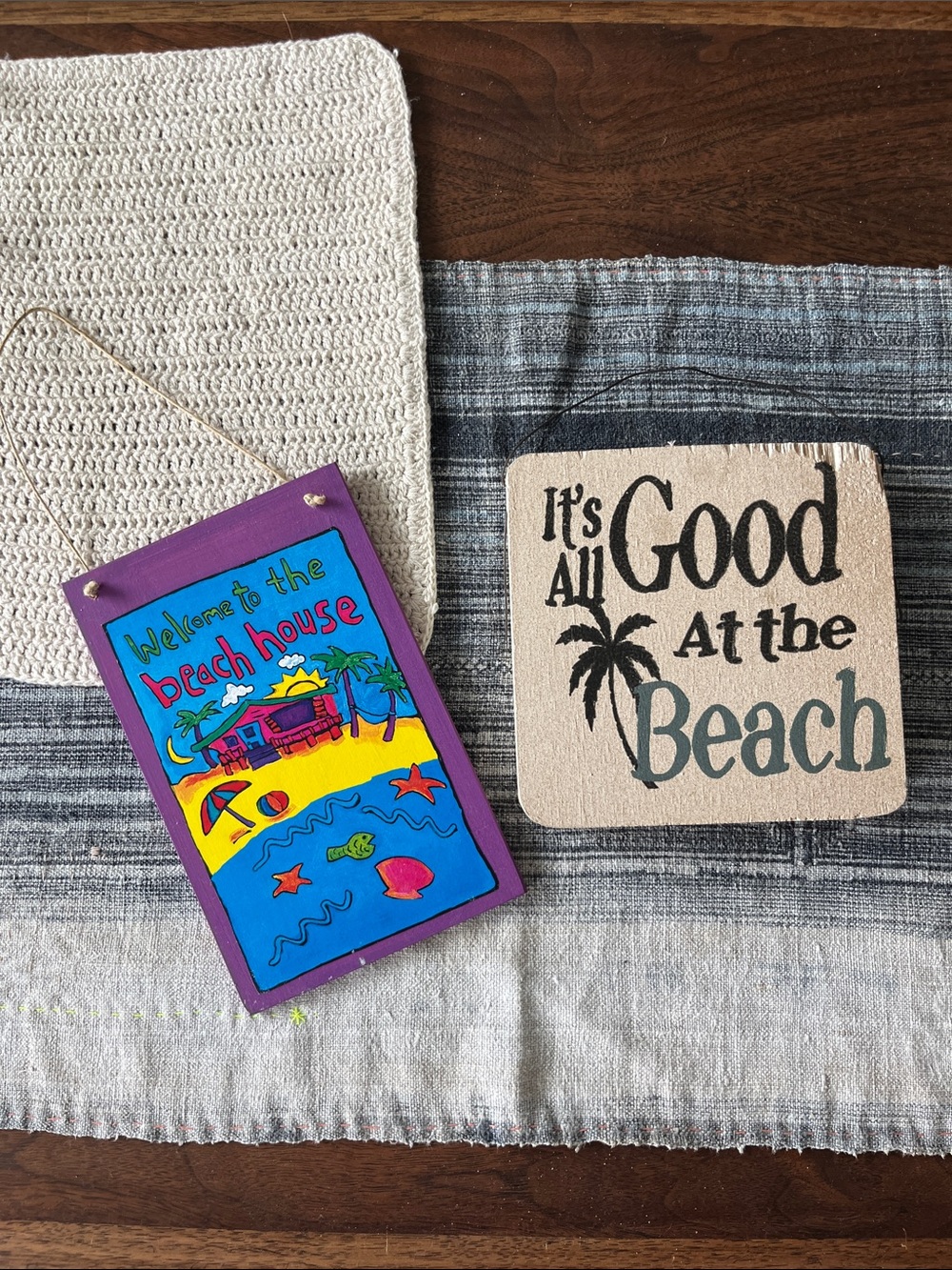 Beach House Welcome Plaque and Purple Beach Sign
